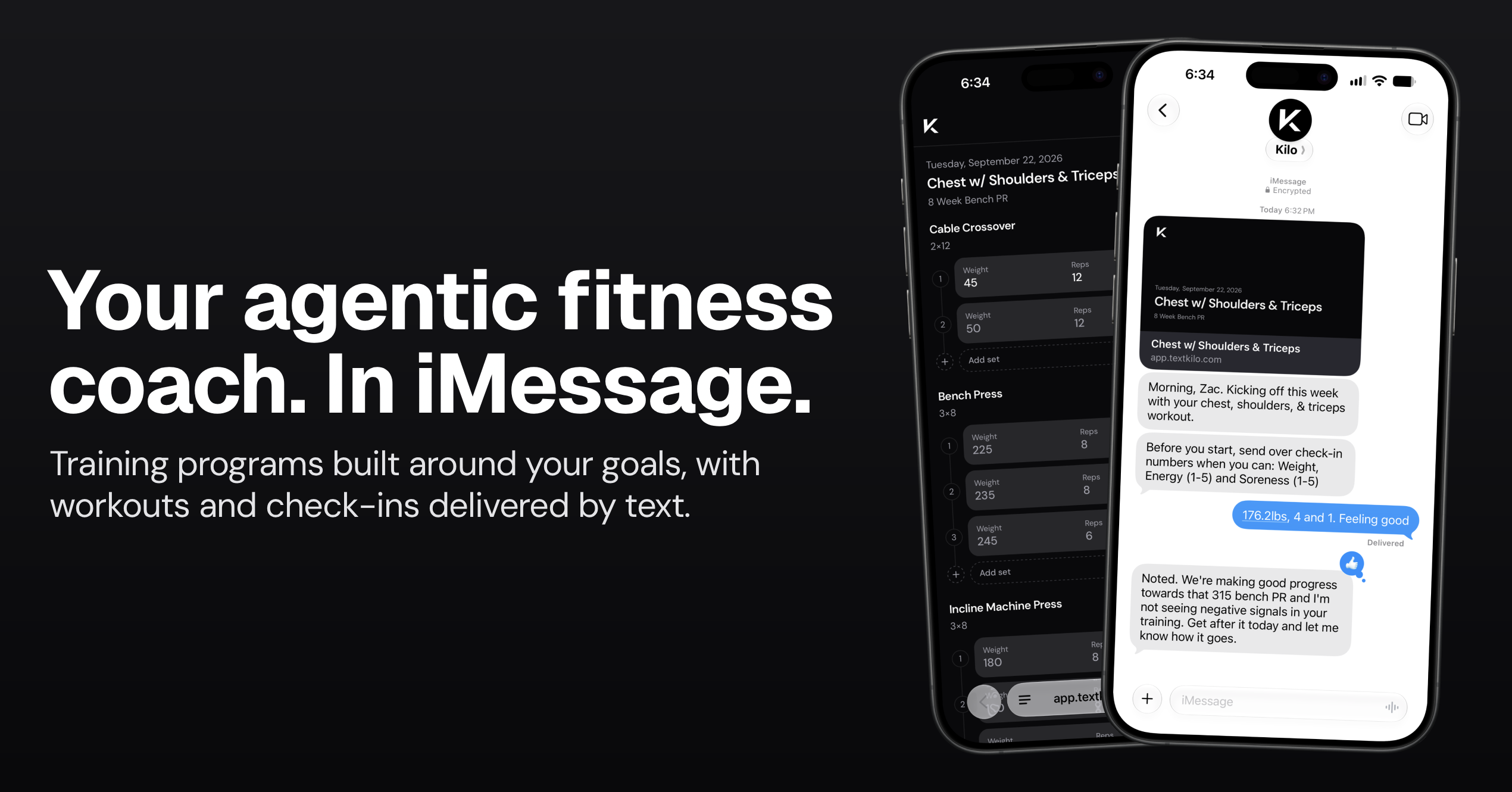 Kilo’s workout logger and iMessage coaching conversation shown on two phones.