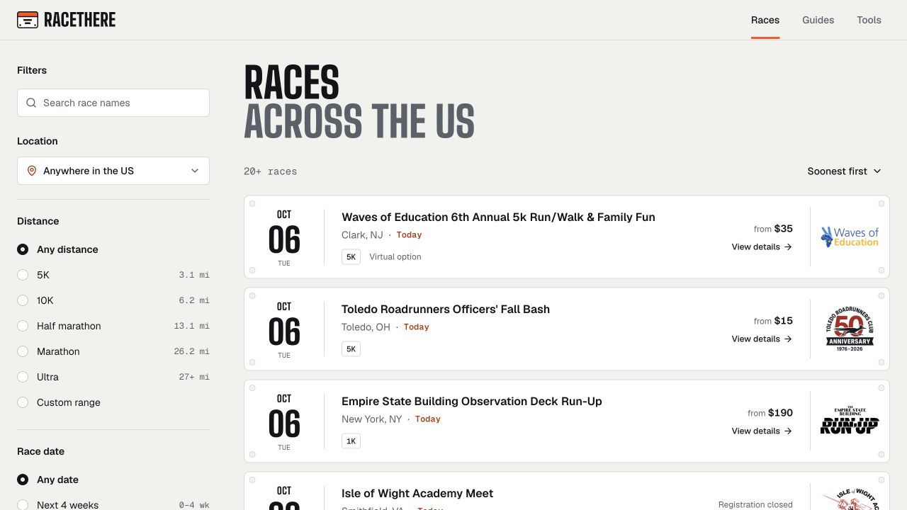 RaceThere’s race directory with location and distance filters, upcoming events, and the orange bib logo.